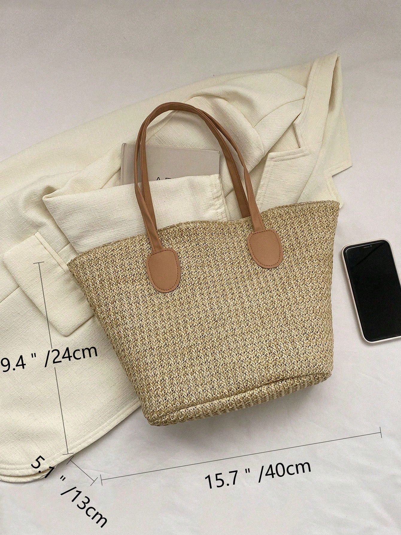 Two Tone Straw Bag Large Capacity Double Handle Vacation