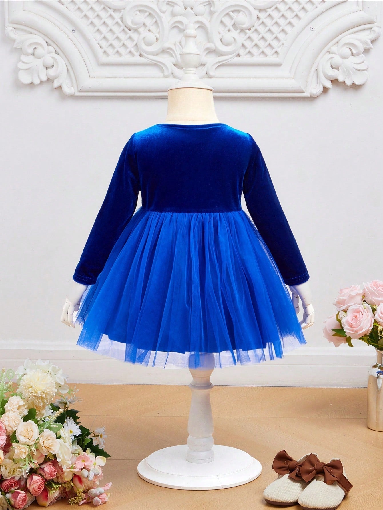SHEIN Baby Girl Bow Front Mesh Hem Velvet Party Dress