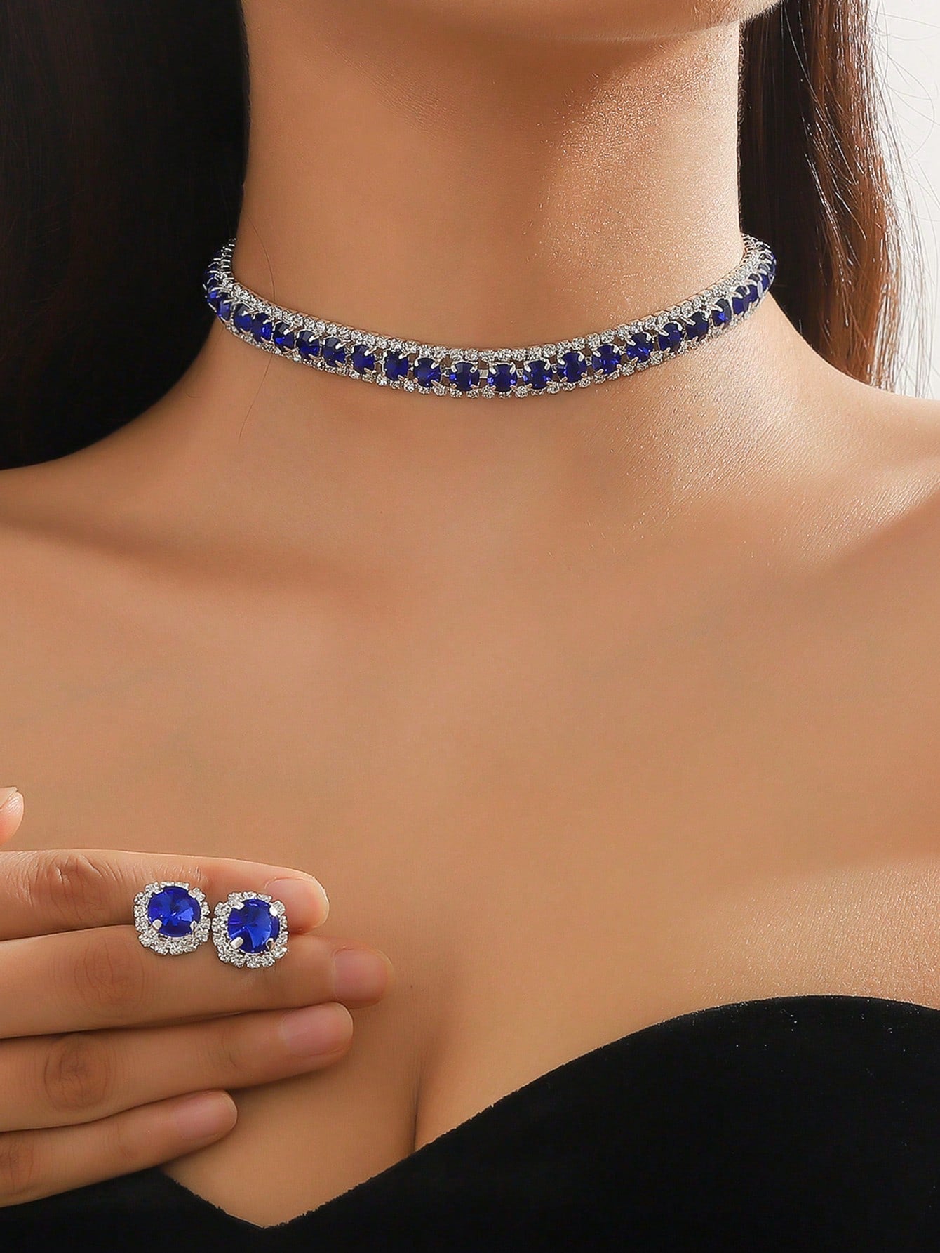 1Pc Blue Crystal Full Rhinestone Necklace & 1Pair Blue Crystal Full Rhinestone Earrings with Silver Base