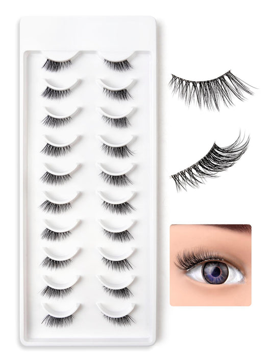 False Eyelashes,10Pairs/Pack Half False Eyelashes, 11Mm Natural Cross Style Synthetic Fiber Eye Lashes Clear Band Fake Eyelashes for Daily Use