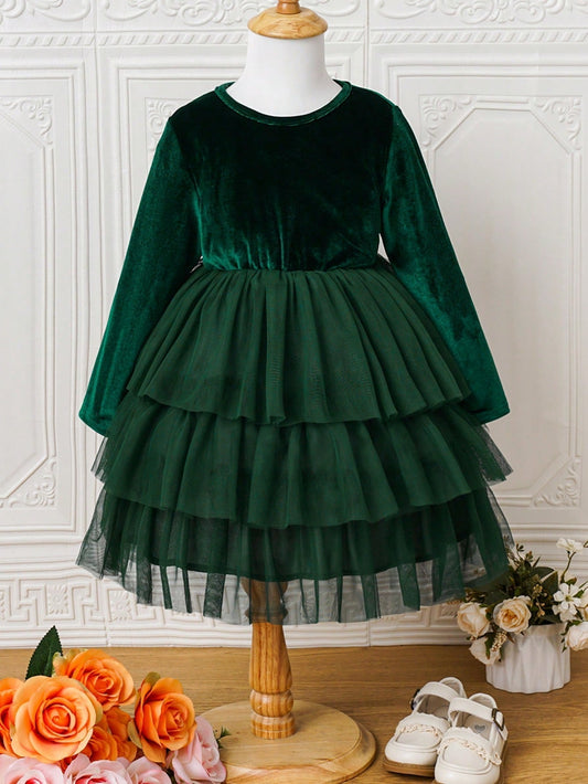 SHEIN Kids CHARMNG Girls' round Neck Dress with Mesh Hem