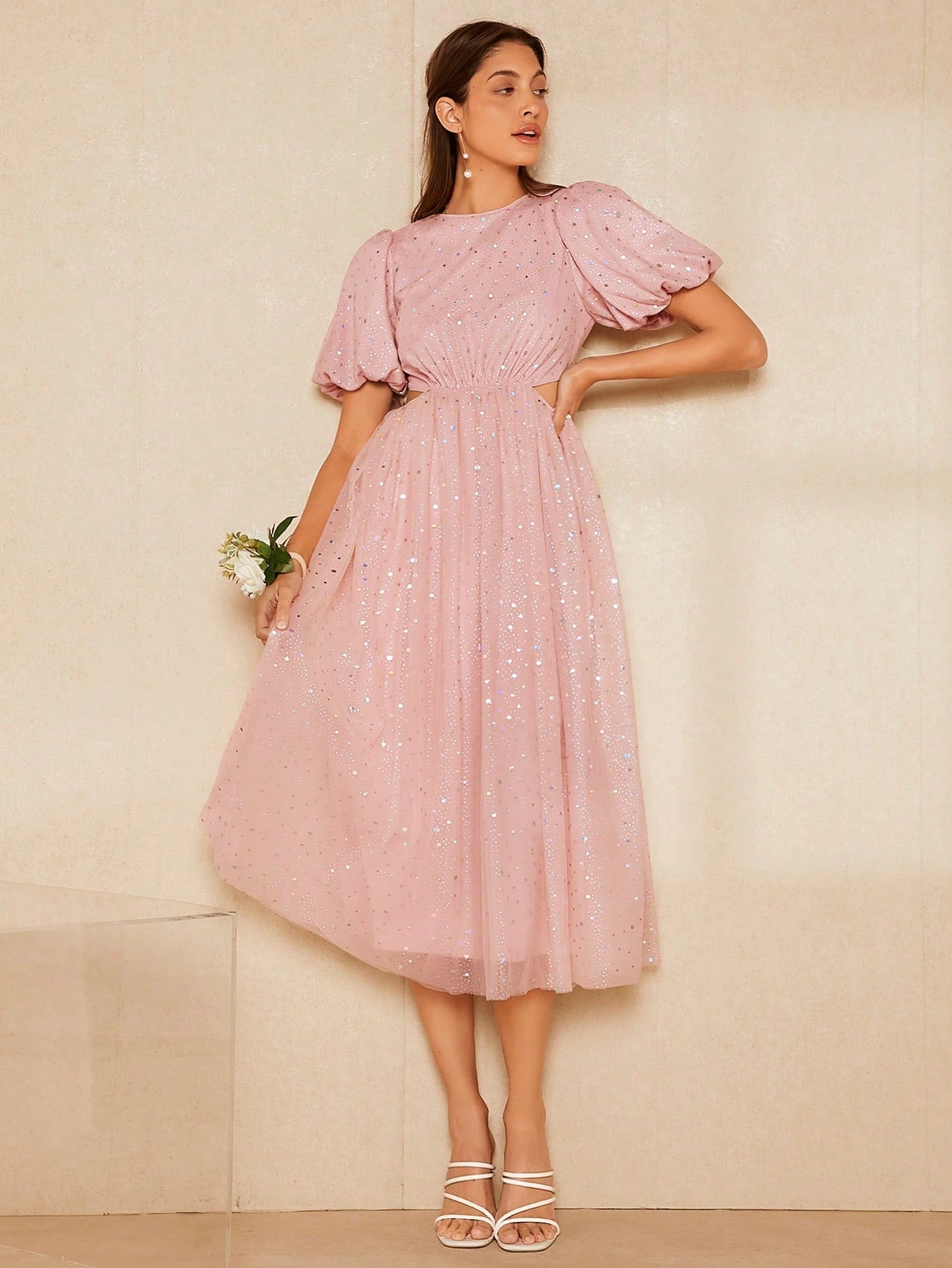SHEIN Belle Puff Sleeve Cut Out Backless Mesh Overlay Sequin Star Pattern Bridesmaid Dress