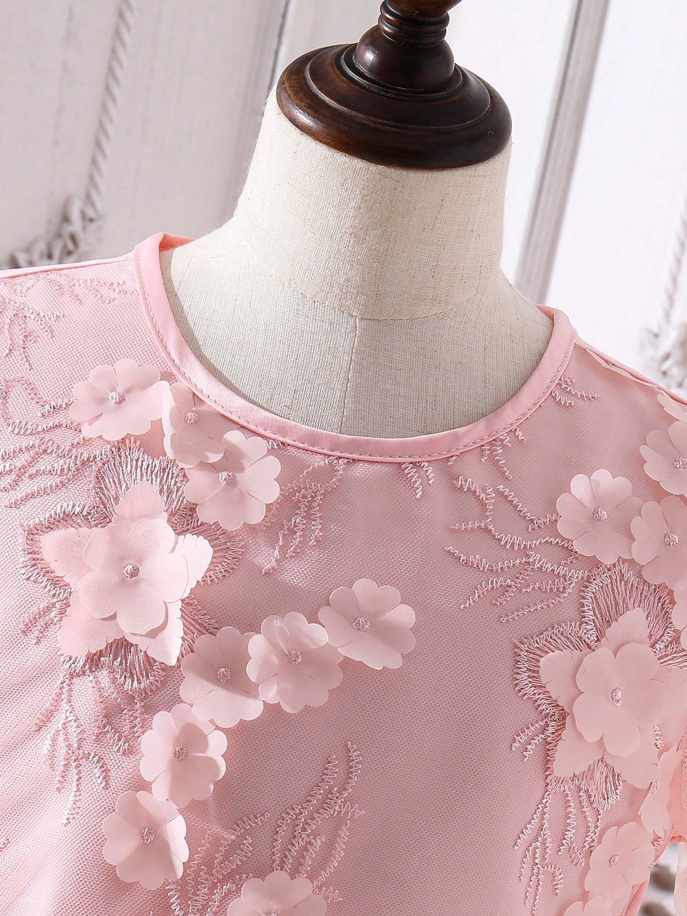 Tween Girl Floral Applique Mesh Puffy Dress