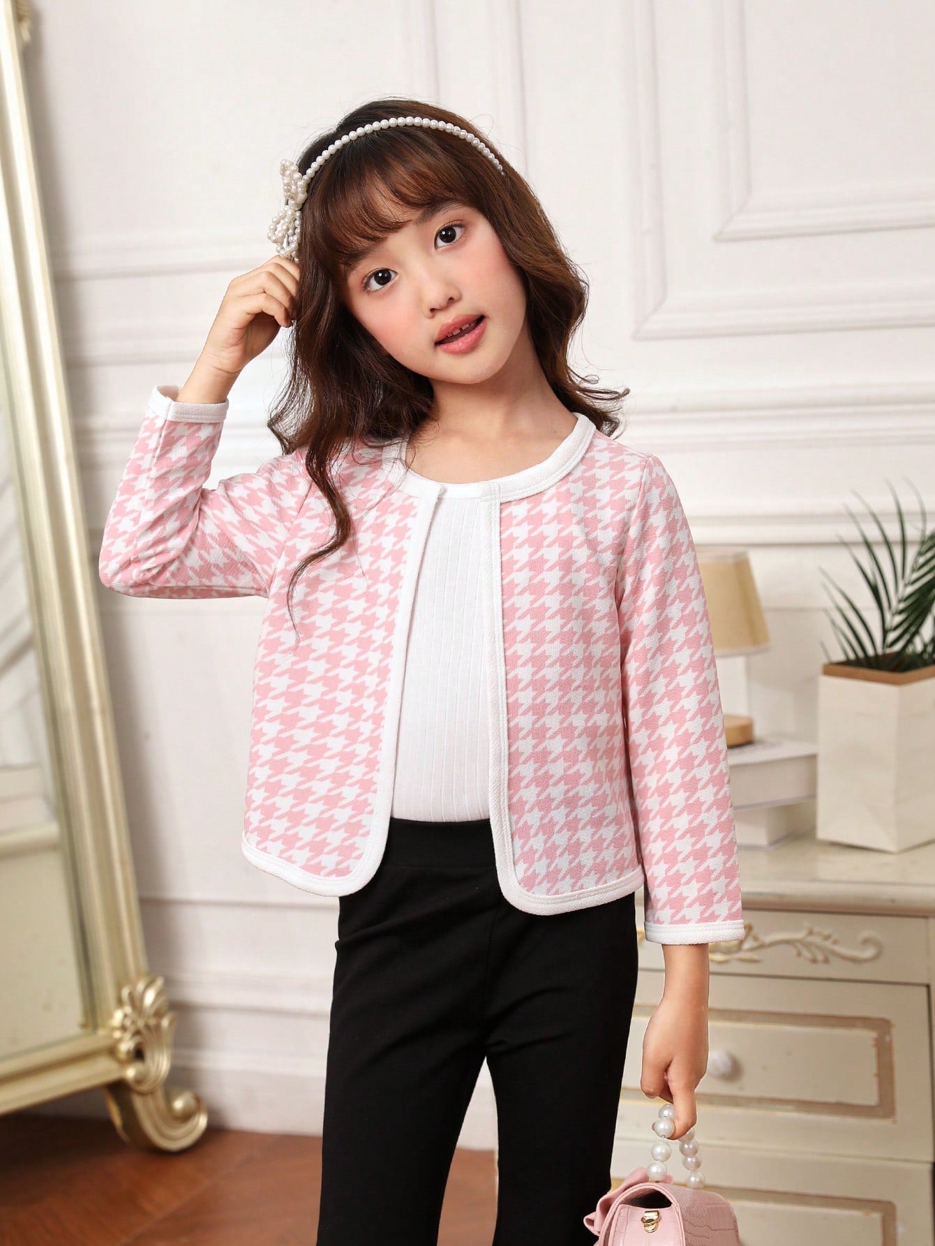 SHEIN Kids FANZEY Young Girl Houndstooth Print Open Front Jacket