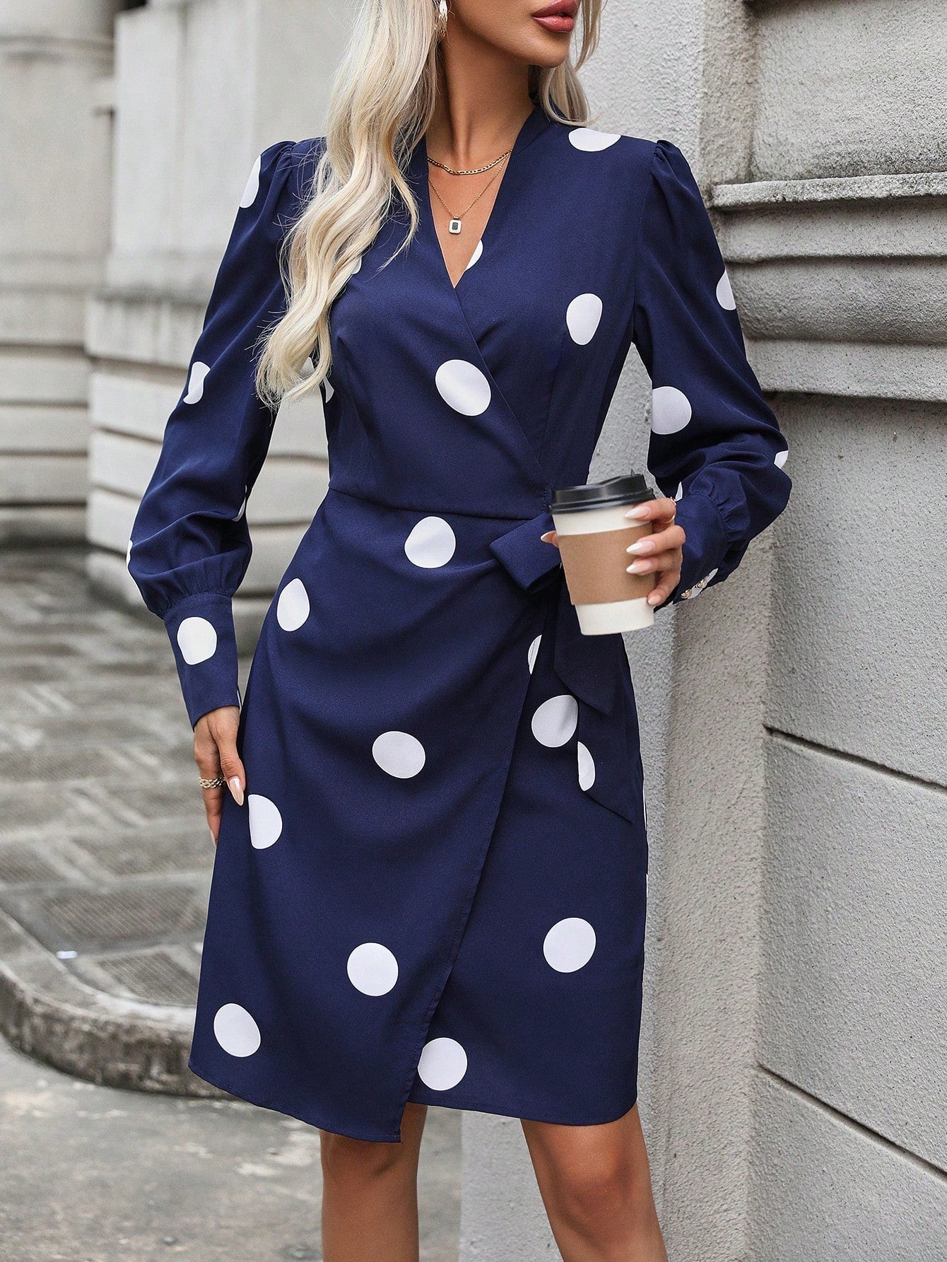 SHEIN LUNE Polka Dot Print Knot Side Wrap Dress