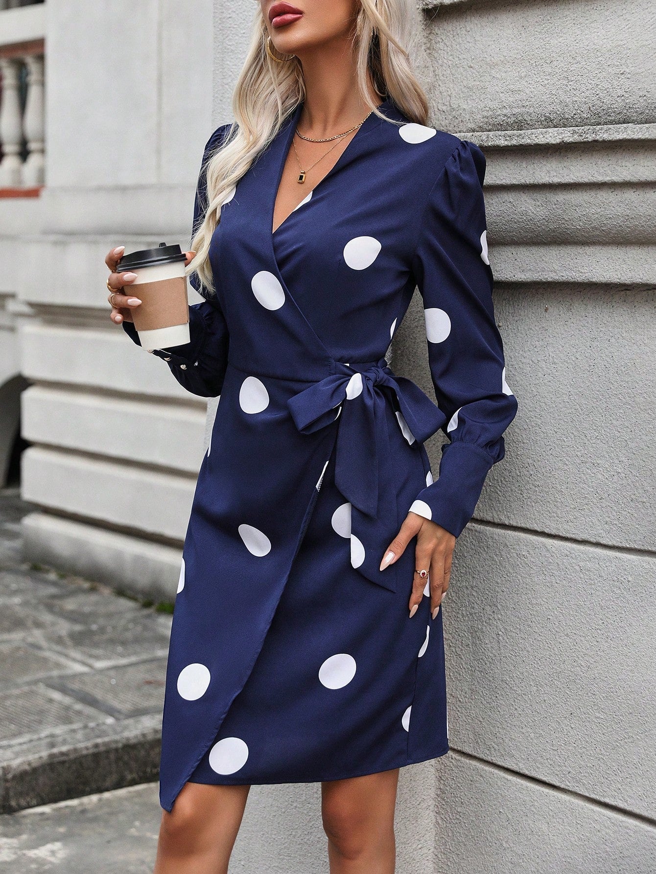 SHEIN LUNE Polka Dot Print Knot Side Wrap Dress