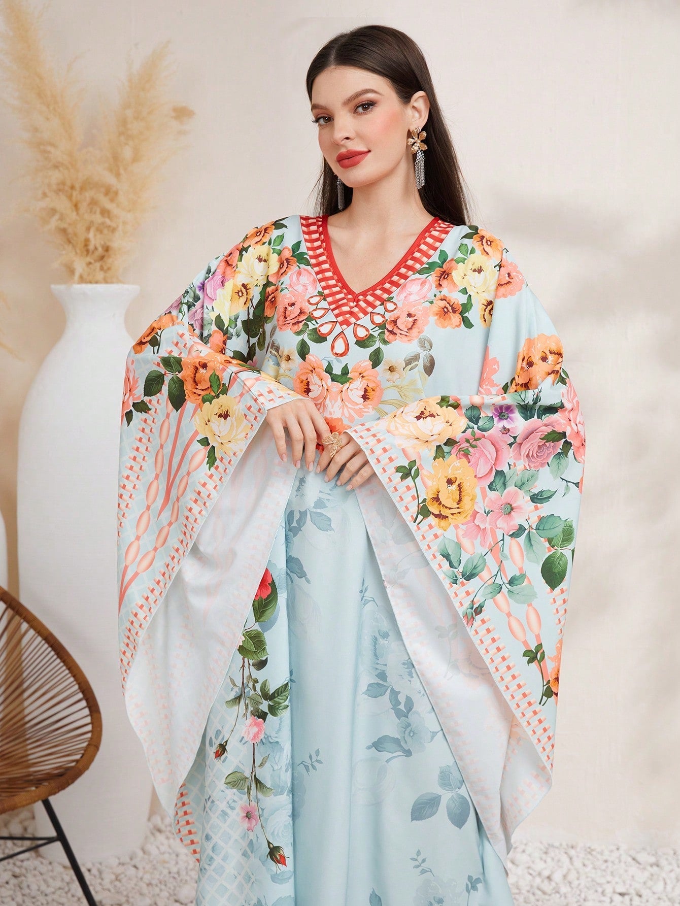 SHEIN Najma Women'S Flower Print Batwing Sleeve Maxi Robe