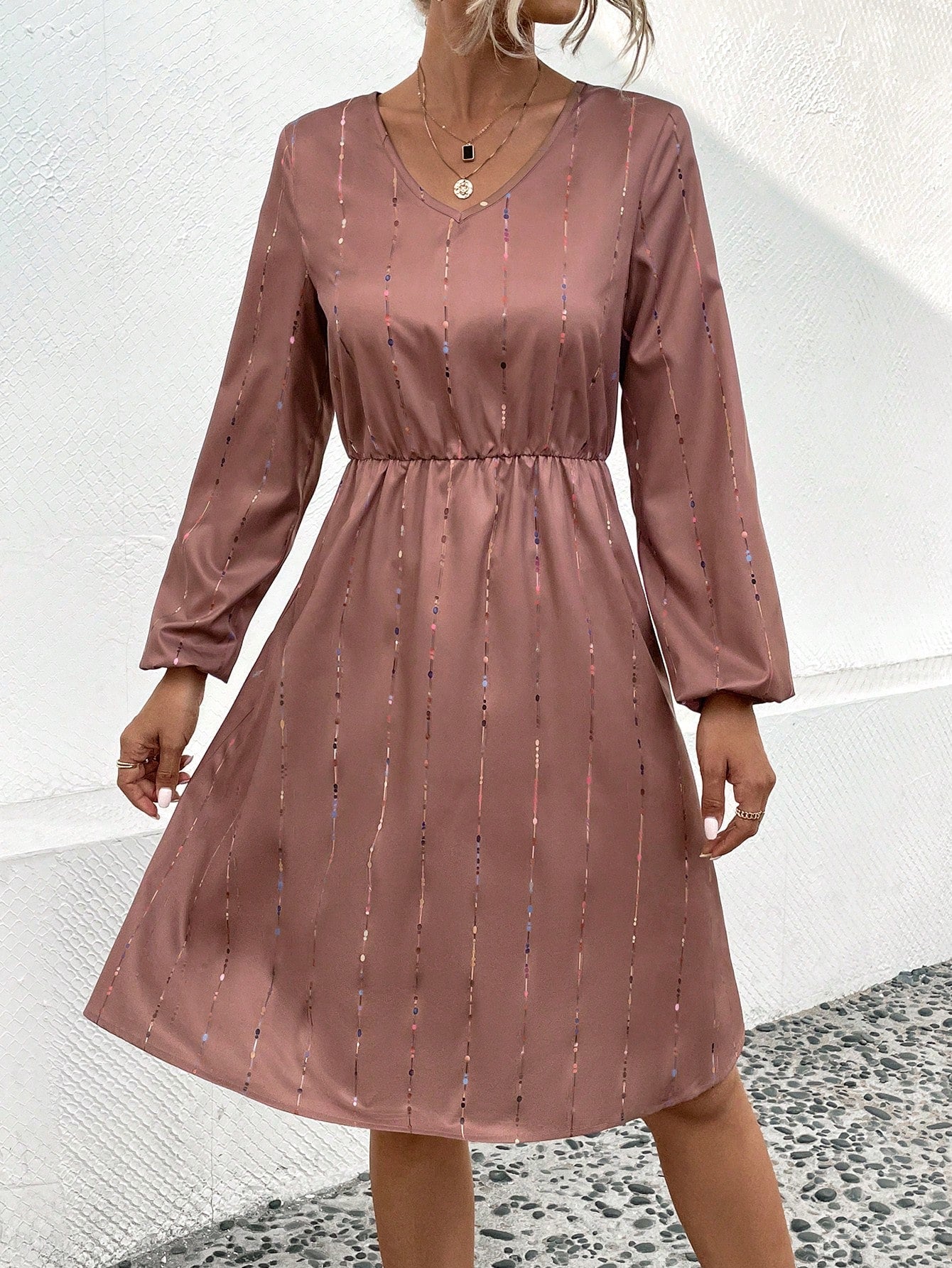 SHEIN LUNE Striped Print Lantern Sleeve Dress