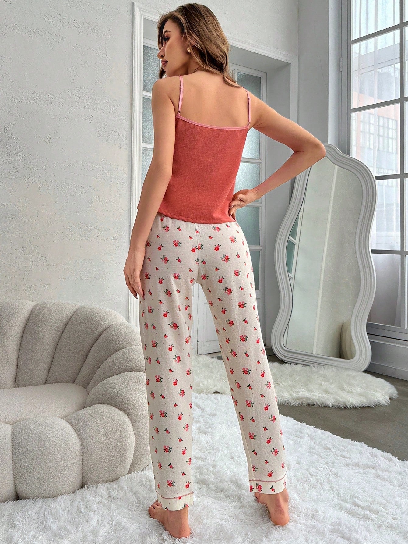 2Pcs/Pack Solid Color Camisole & Flower Printed Long Pants Pajama Set