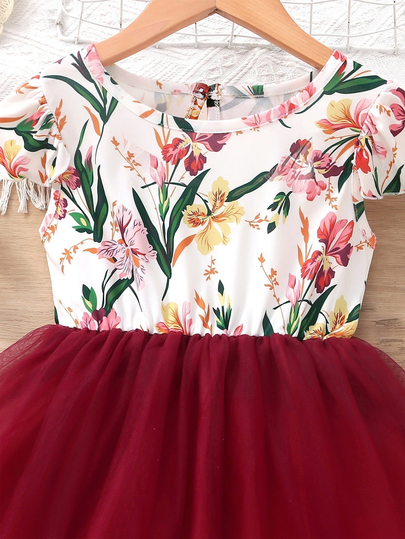SHEIN Kids Nujoom Young Girl Floral Print Contrast Mesh A-Line Dress