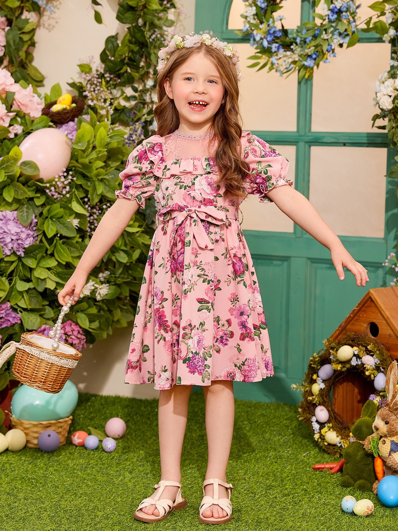 SHEIN Kids CHARMNG Young Girl Floral Print Lace Yoke Ruffle Trim Puff Sleeve Belted Dress