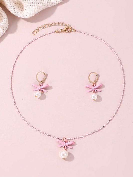 3Pcs/Set Girls' Pearl Necklace with Bowknot Pendant, 1 Pair of Earrings and 2Pcs Sweet Daily Accessories