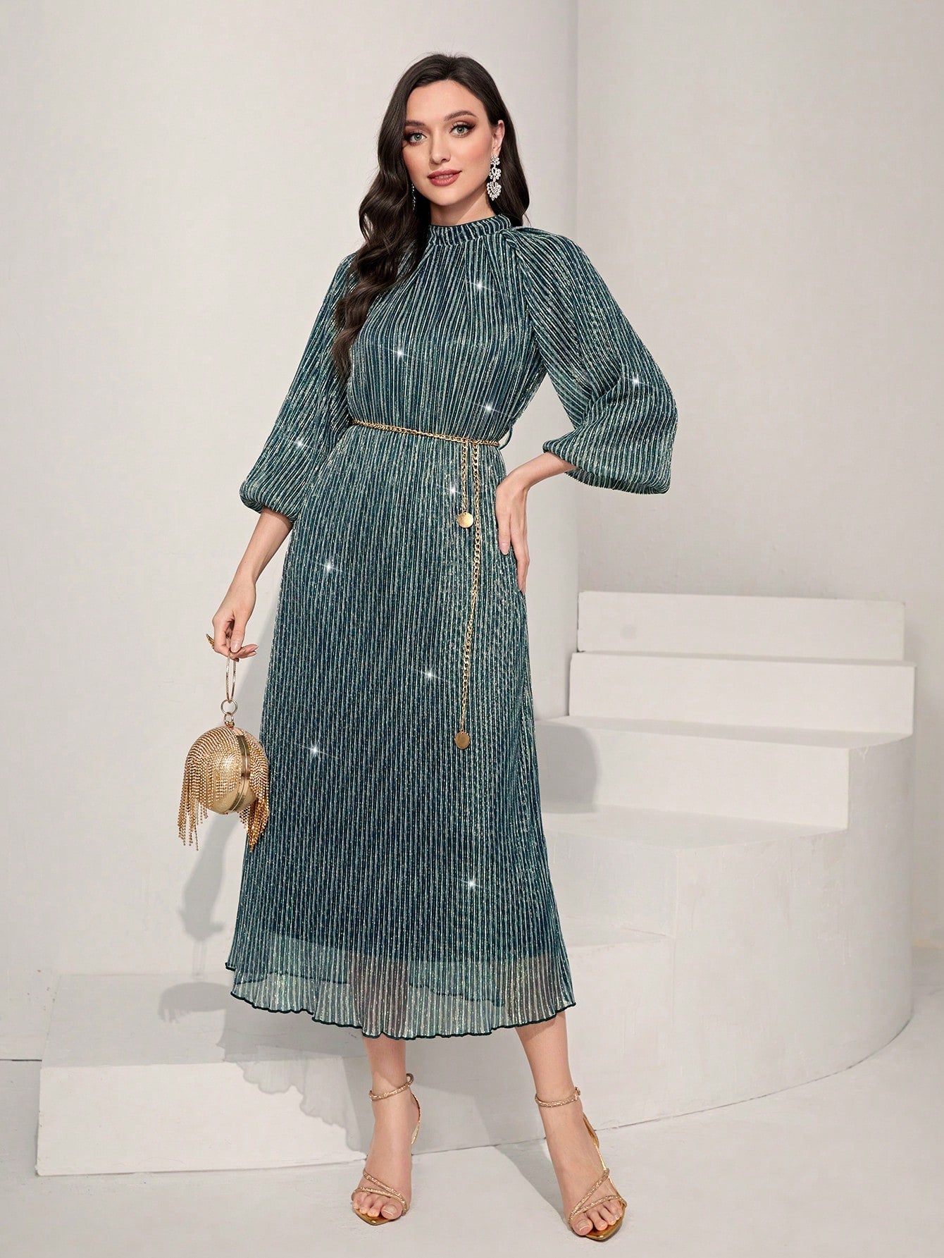SHEIN Modely Mock Neck Lantern Sleeve Belted Dress