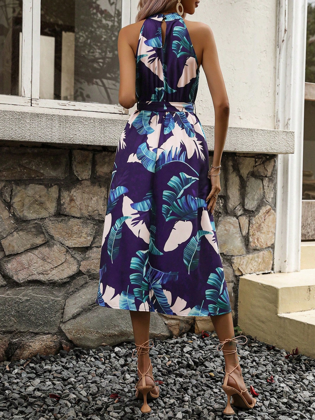 SHEIN LUNE Tropical Print Belted Halter Dress