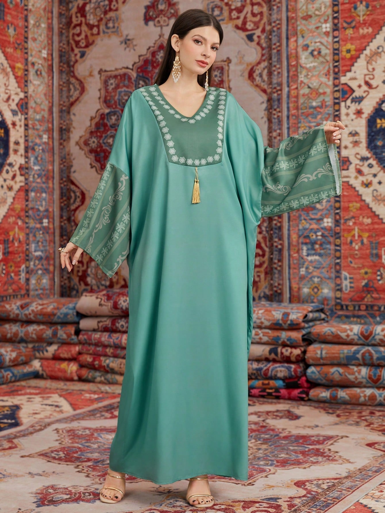 SHEIN Najma Floral Patchwork Batwing Sleeve Dress for Women