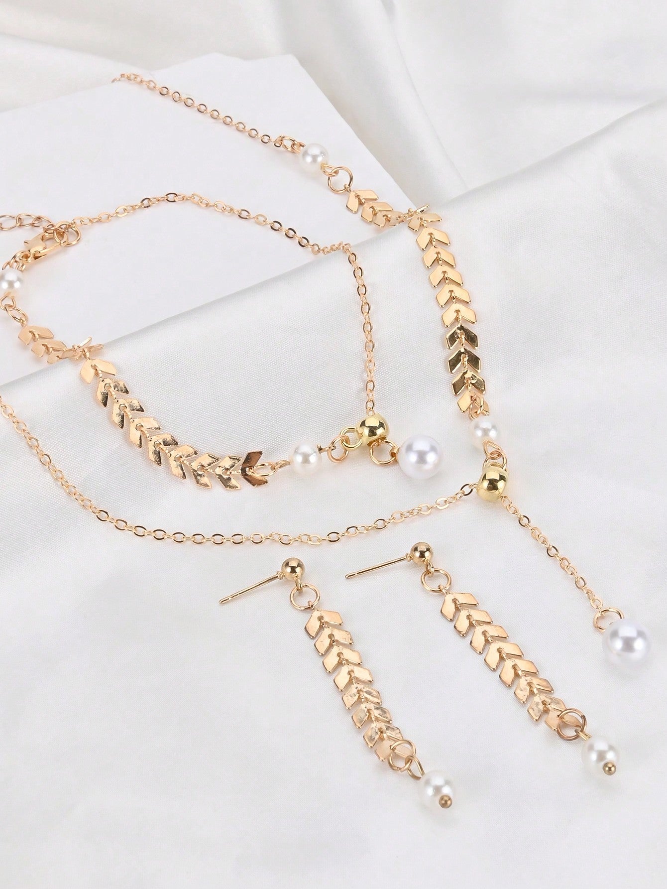 1Set Wheat Spike Shape Pearl Necklace, Bracelet and Earrings Set