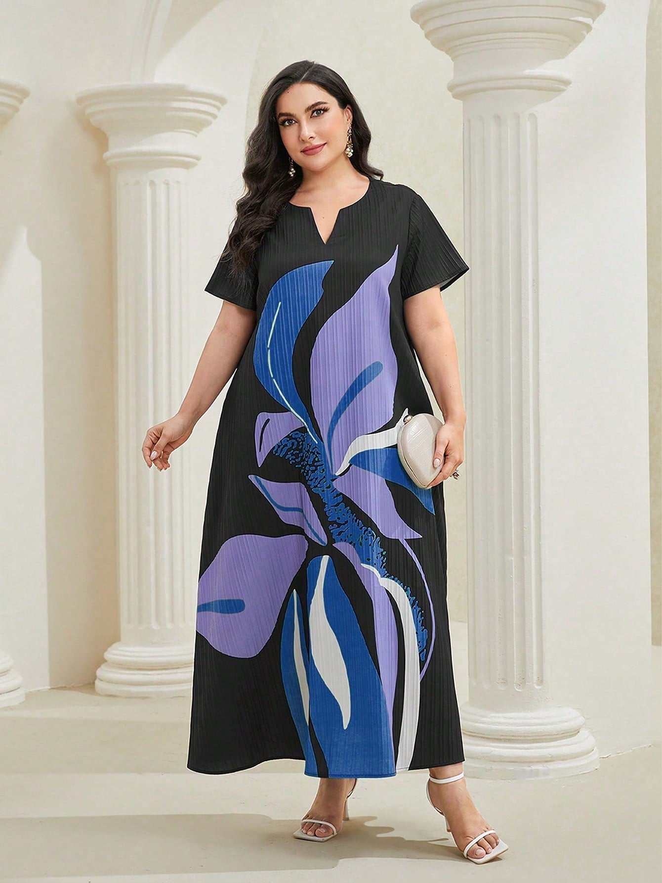 SHEIN Najma plus Floral Print Notched Neckline Dress