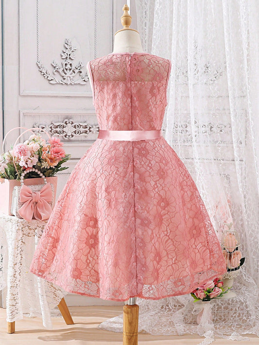 SHEIN Kids CHARMNG Girls 1Pc Belted Lace Dress