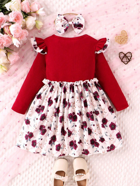 SHEIN Kids Qtfun Little Girl'S Spring and Autumn Daily Casual Vacation Cute Flower Print round Neck Long-Sleeved Dress and Hair Tie