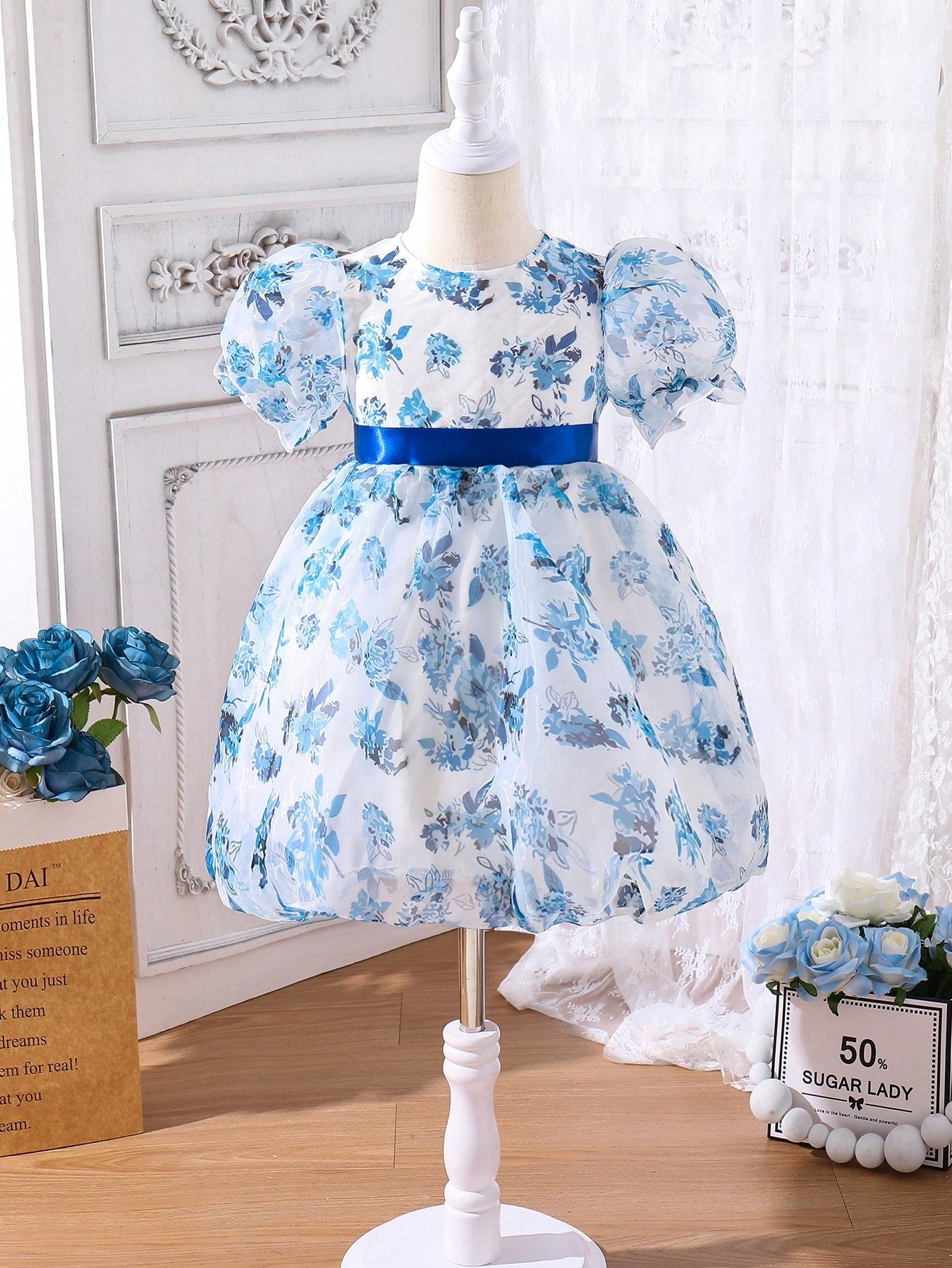 SHEIN Kids CHARMNG Little Girls' Floral Printed Puff Sleeve Dress