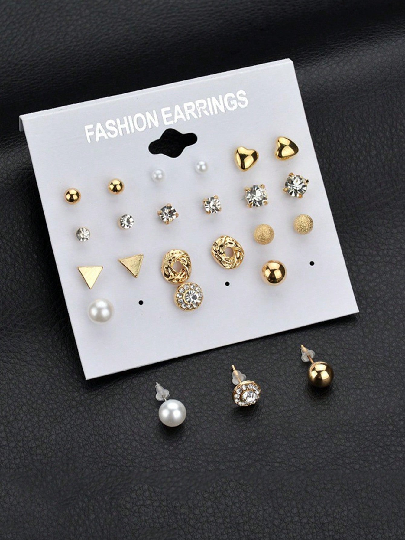 12Pairs/Set Heart Shaped Diamond with Pearl Decor Stud Earrings Set, Simple Gold Color Earrings Suitable for Girls