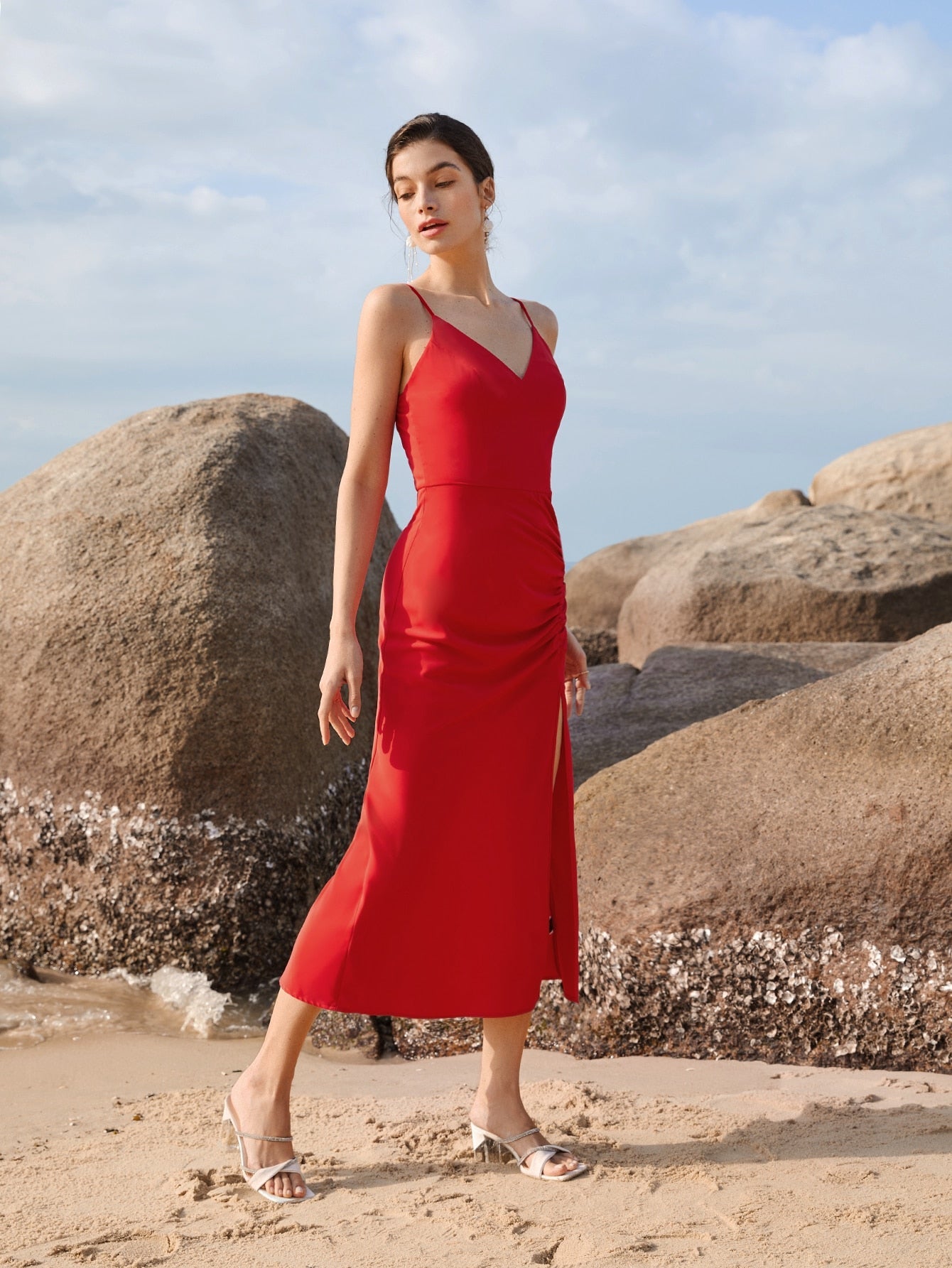 SHEIN Belle Solid Ruched Split Thigh Dress