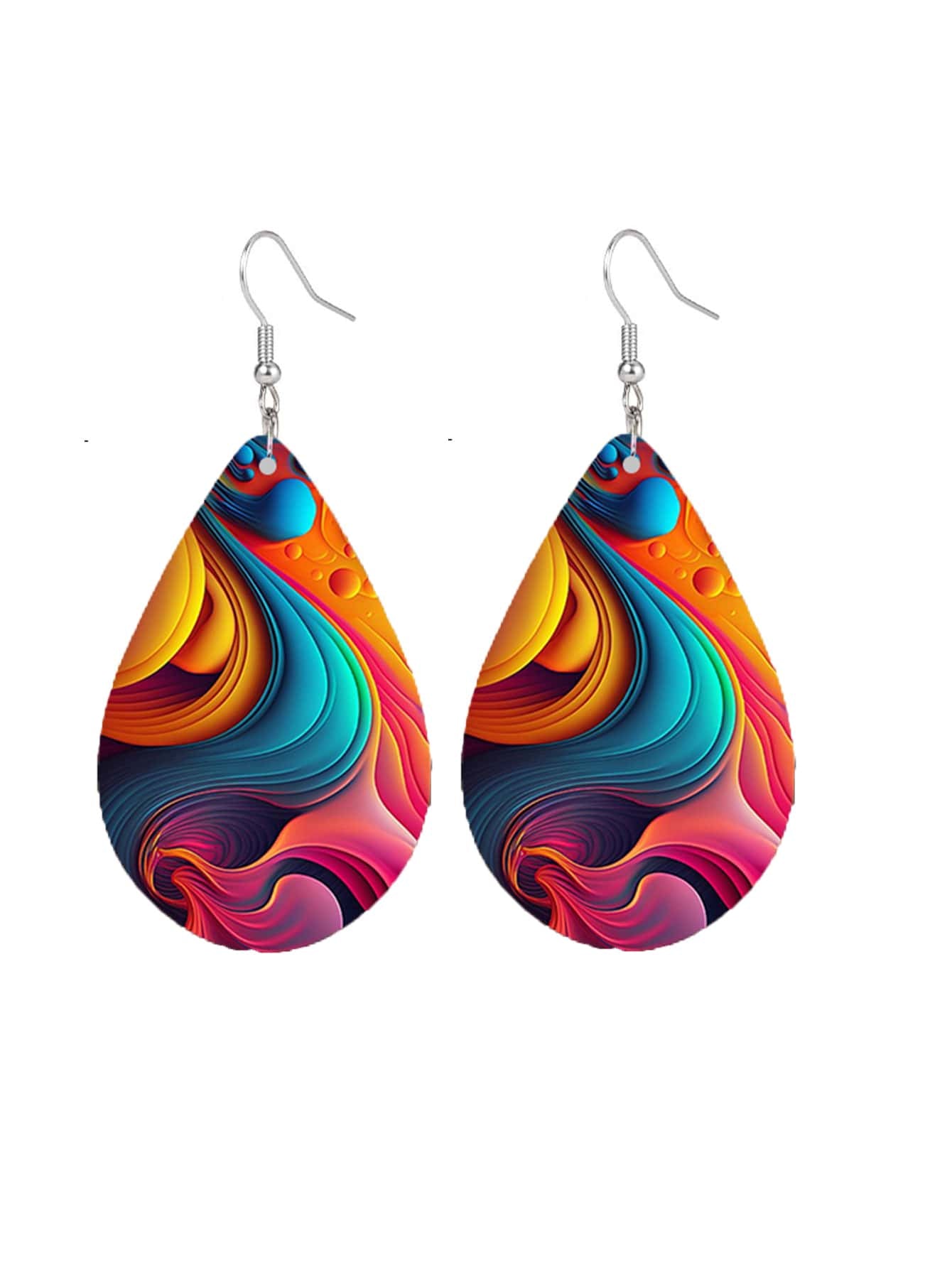 1 Pair Double Sided Rainbow Print Water Drop Wooden Hook Earrings for Women