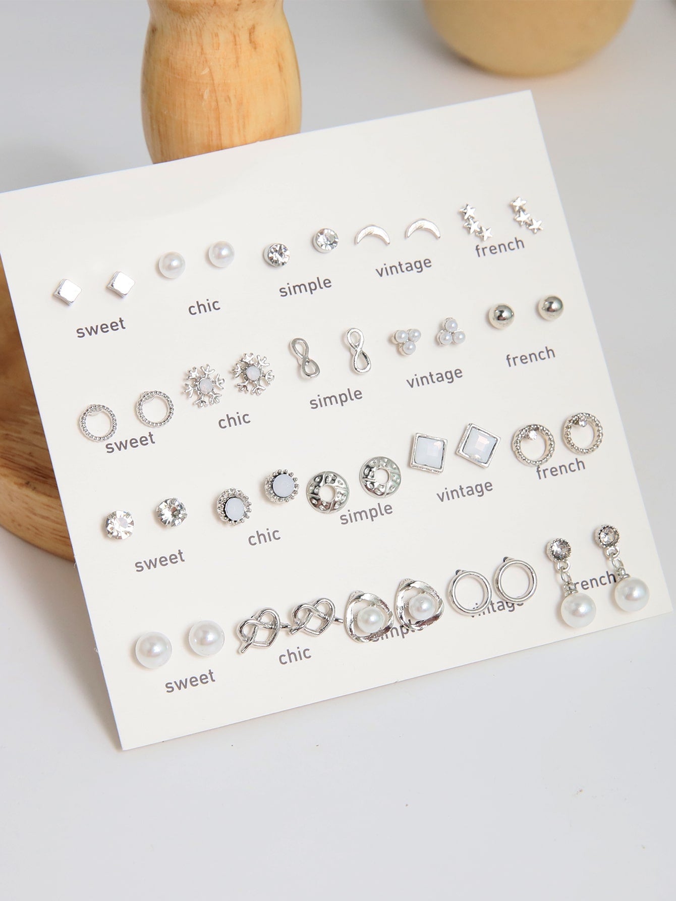 40Pcs Moon-Star-Snowflake-Heart Shaped Rhinestone & Pearl Stud Earrings for Sweet Women
