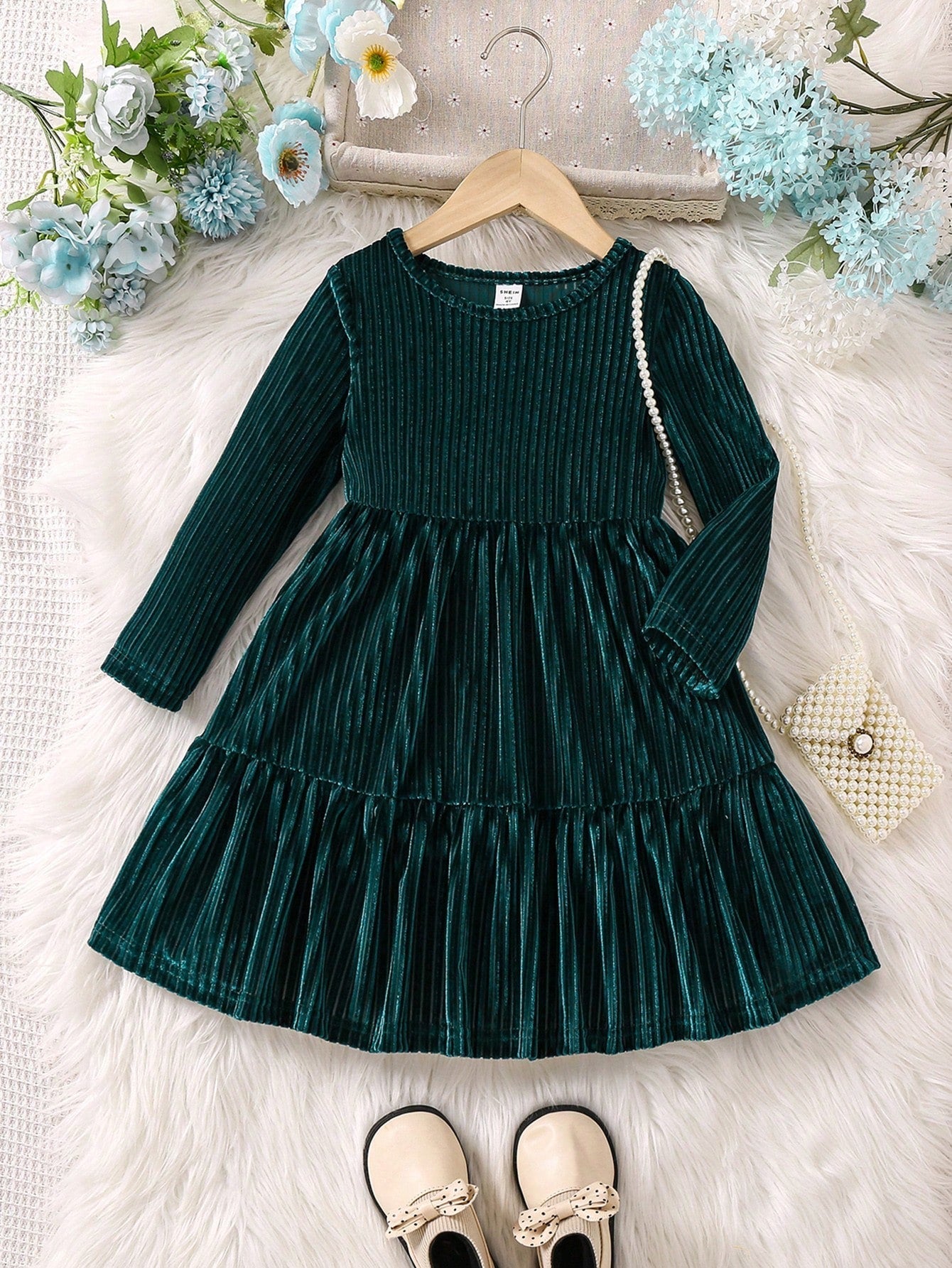 SHEIN Kids EVRYDAY Little Girls' Long Sleeve Ruffle Hem Dress