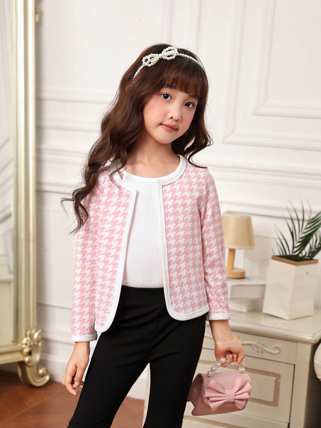 SHEIN Kids FANZEY Young Girl Houndstooth Print Open Front Jacket