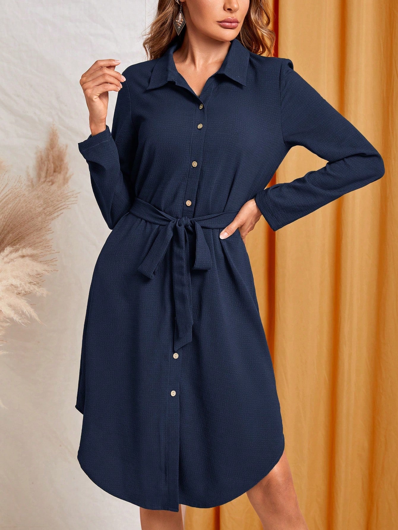 EMERY ROSE Solid Belted Shirt Dress