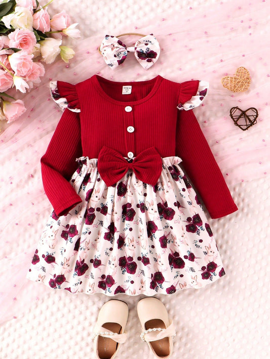 SHEIN Kids Qtfun Little Girl'S Spring and Autumn Daily Casual Vacation Cute Flower Print round Neck Long-Sleeved Dress and Hair Tie