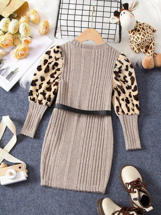 Young Girl Leopard Print Gigot Sleeve Dress with Belt Bag