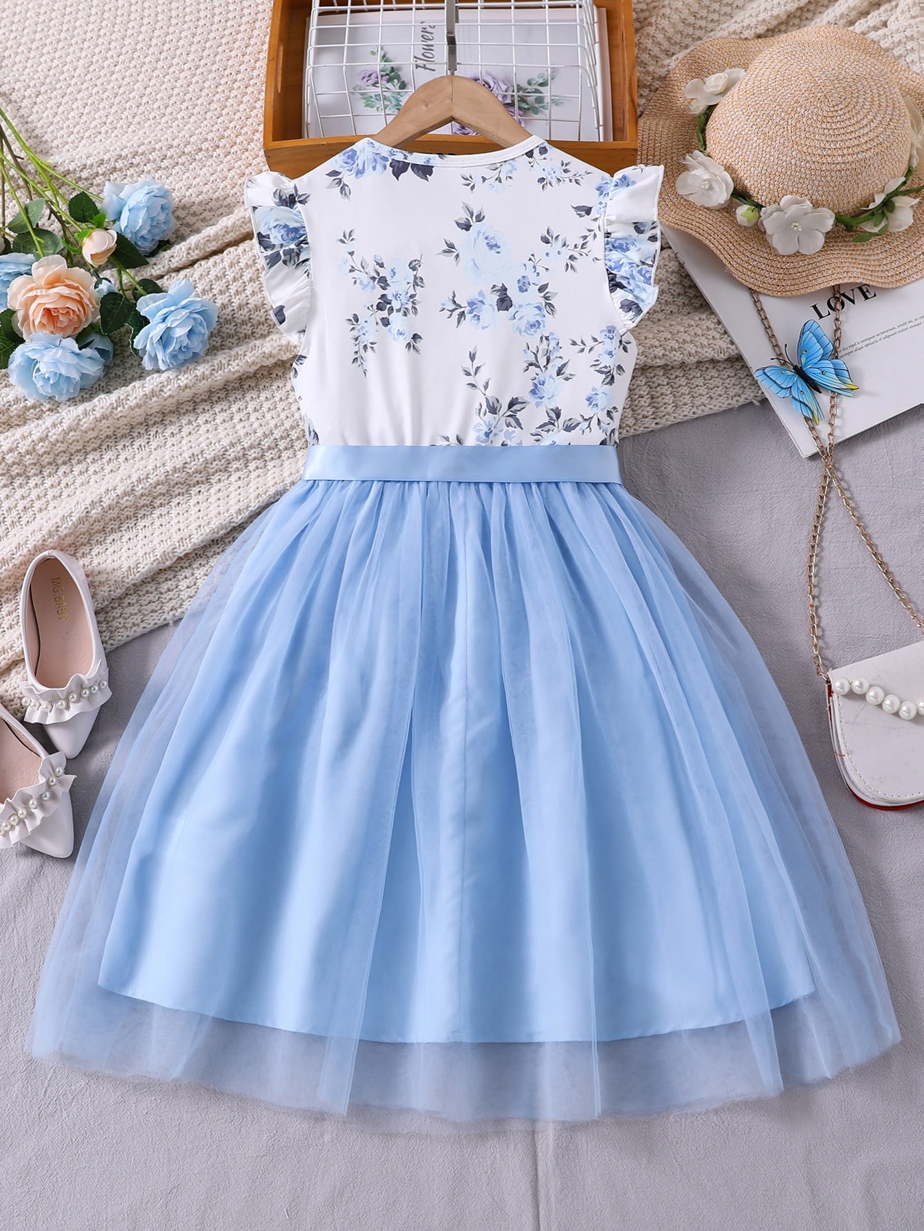 SHEIN Kids CHARMNG Tween Girl Floral Print Ruffle Trim Mesh Hem Dress