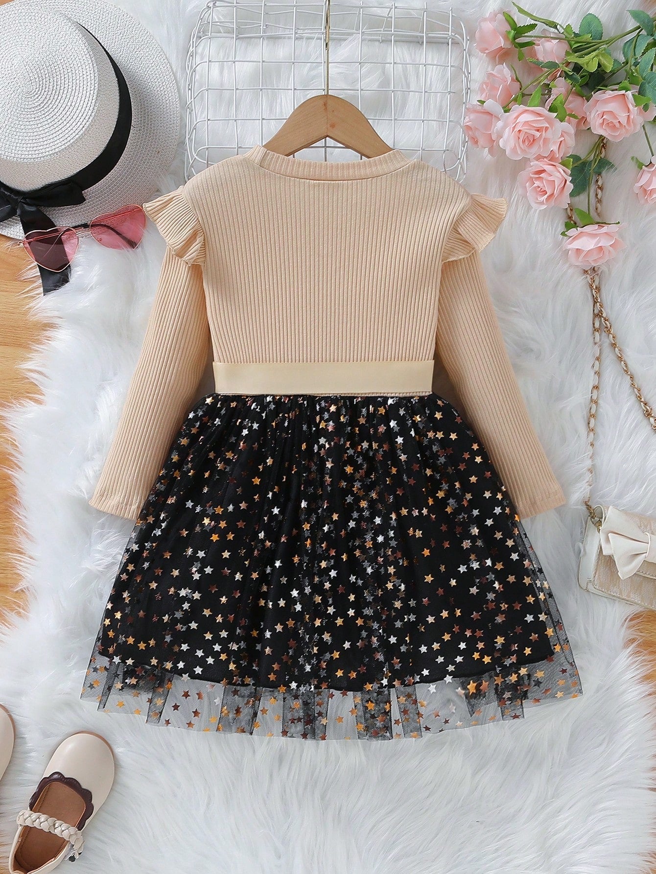 Little Girl'S Knitted Patchwork Puffy Star Mesh Long-Sleeved Dress