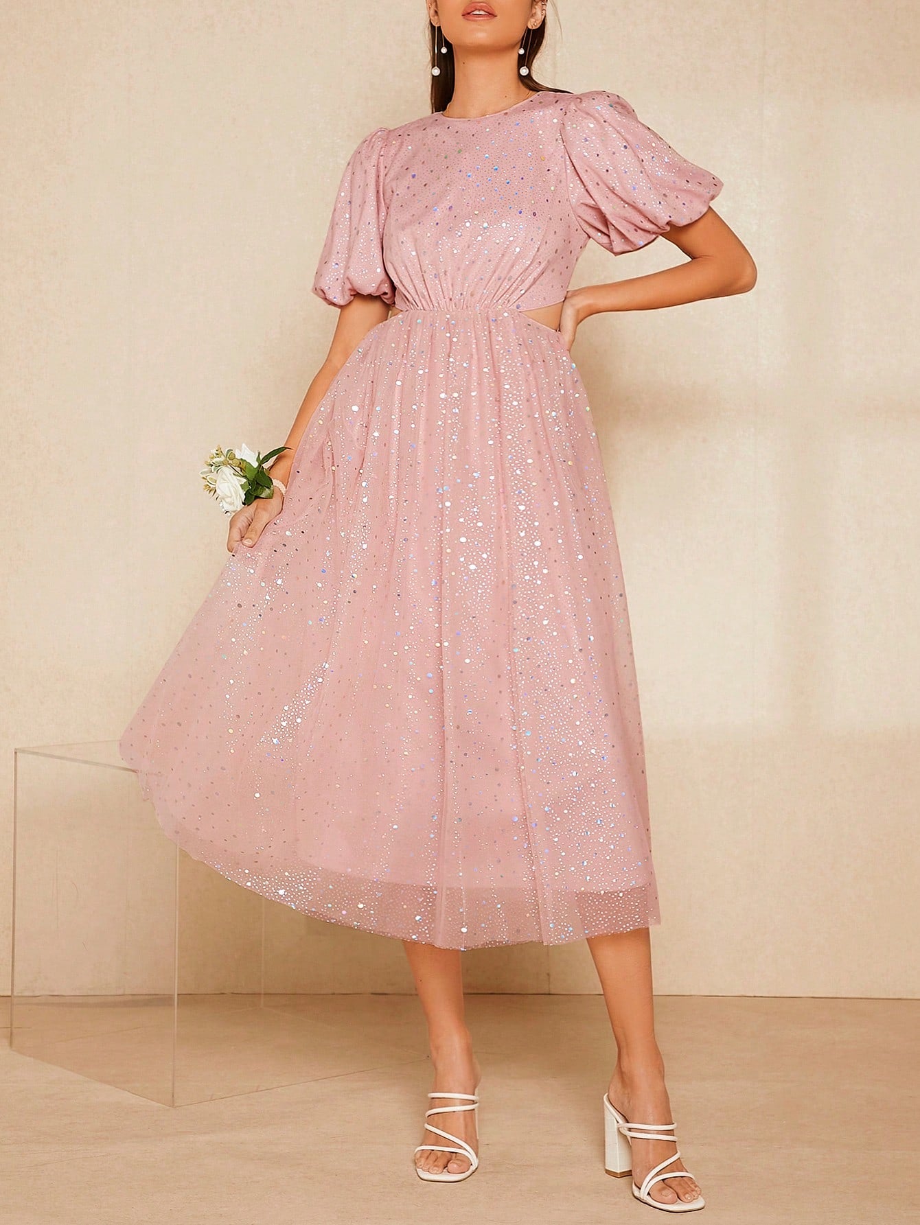 SHEIN Belle Puff Sleeve Cut Out Backless Mesh Overlay Sequin Star Pattern Bridesmaid Dress