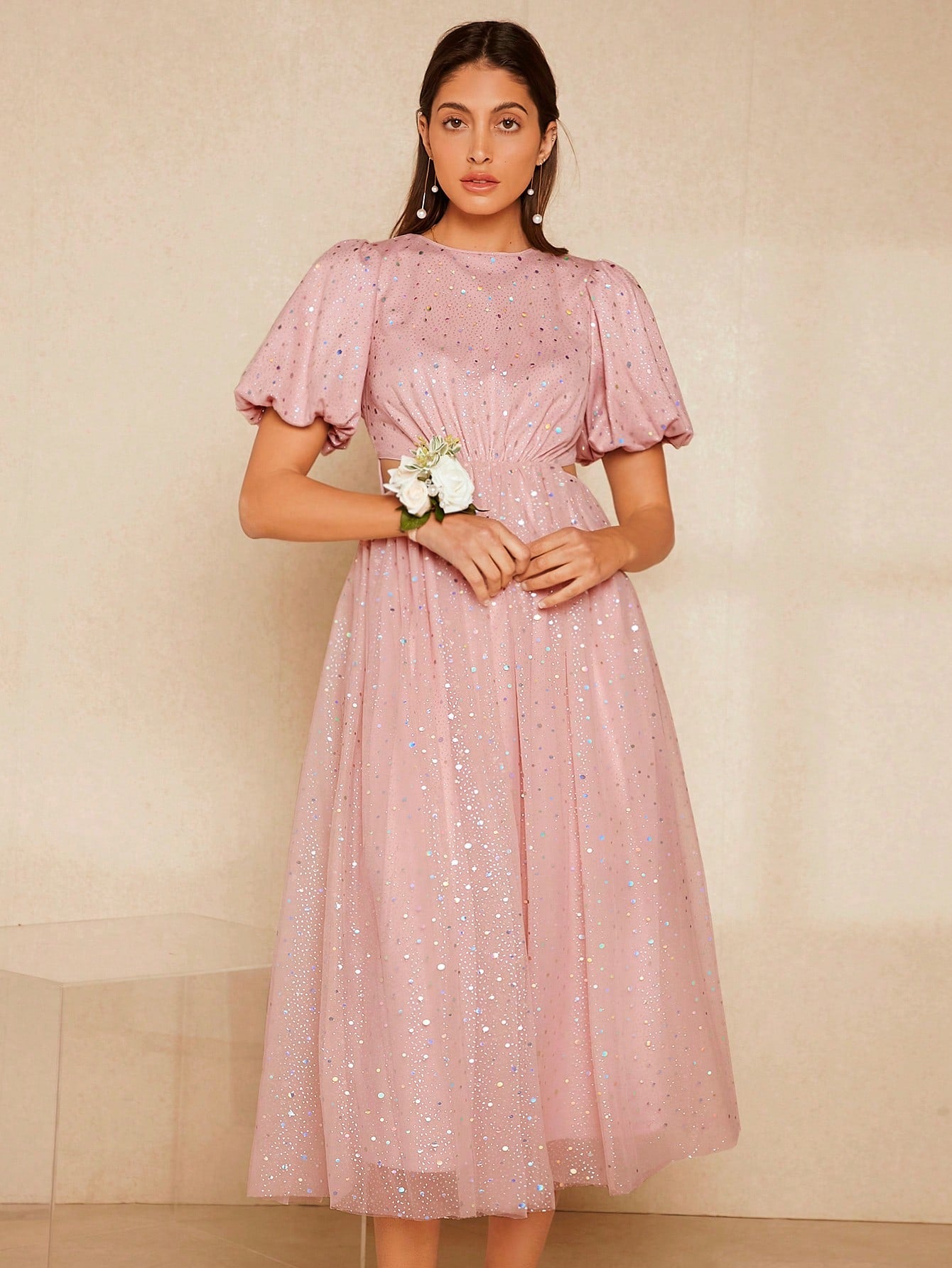 SHEIN Belle Puff Sleeve Cut Out Backless Mesh Overlay Sequin Star Pattern Bridesmaid Dress