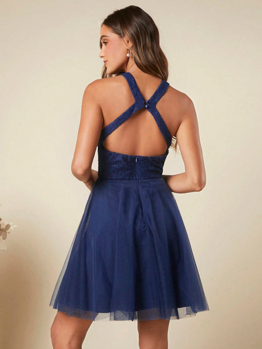 SHEIN Belle Contrast Lace Mesh Hem Halter Dress