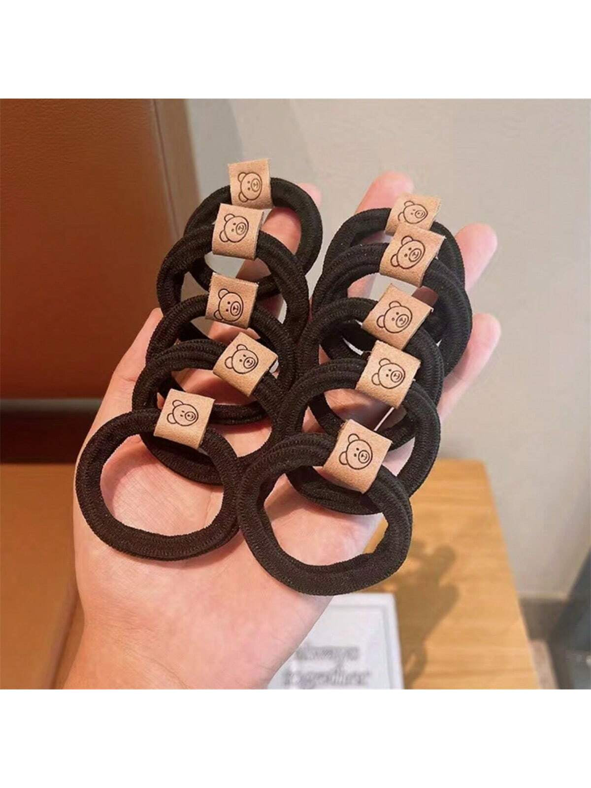 5Pcs Cute Bear Pattern Hair Tie Solid Color Elastic Hair Rope Ponytail Holder Girls Hair Accessories