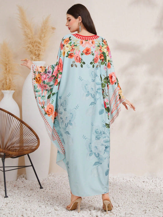 SHEIN Najma Women'S Flower Print Batwing Sleeve Maxi Robe