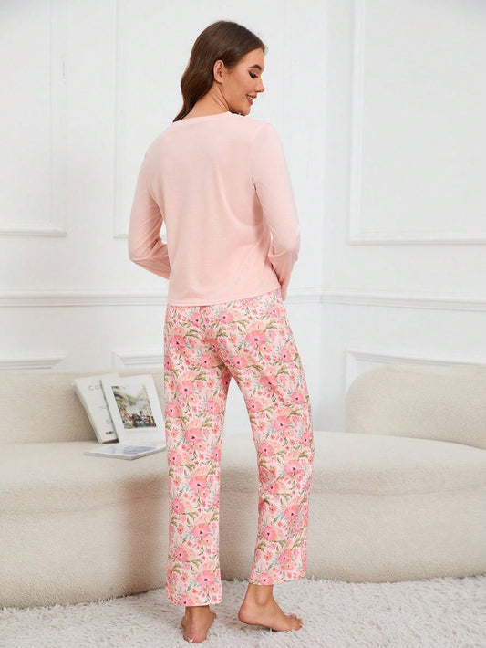 Valentines Pocket Front Long Sleeve T-Shirt and Floral Trousers Pajama Set
