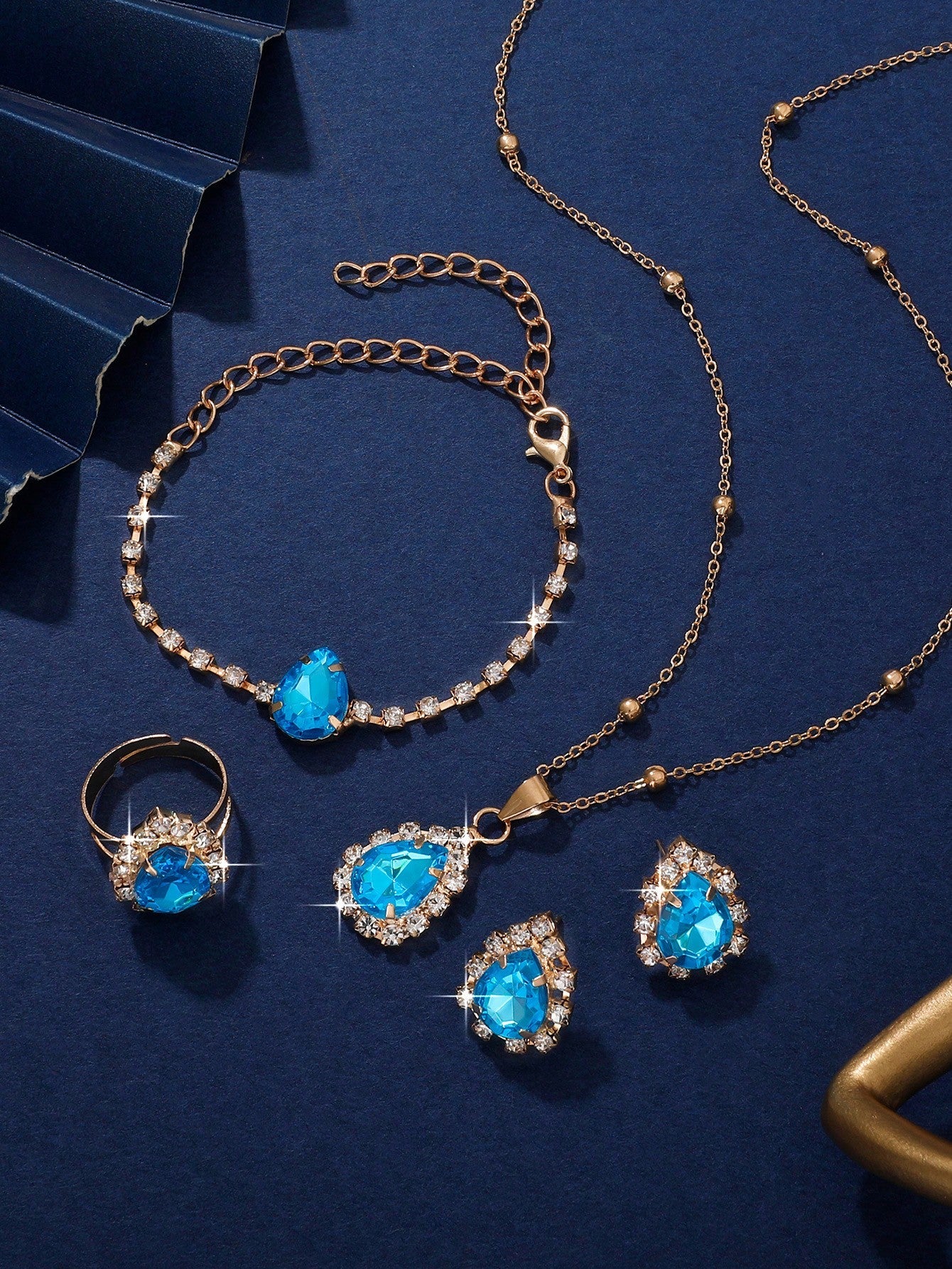 5Pcs Women'S Water Drop Shaped Rhinestone Jewelry Set