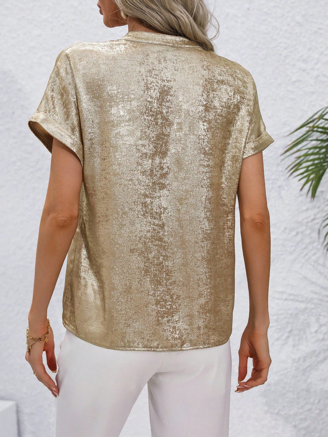 Metallic Notched Collar Shirt