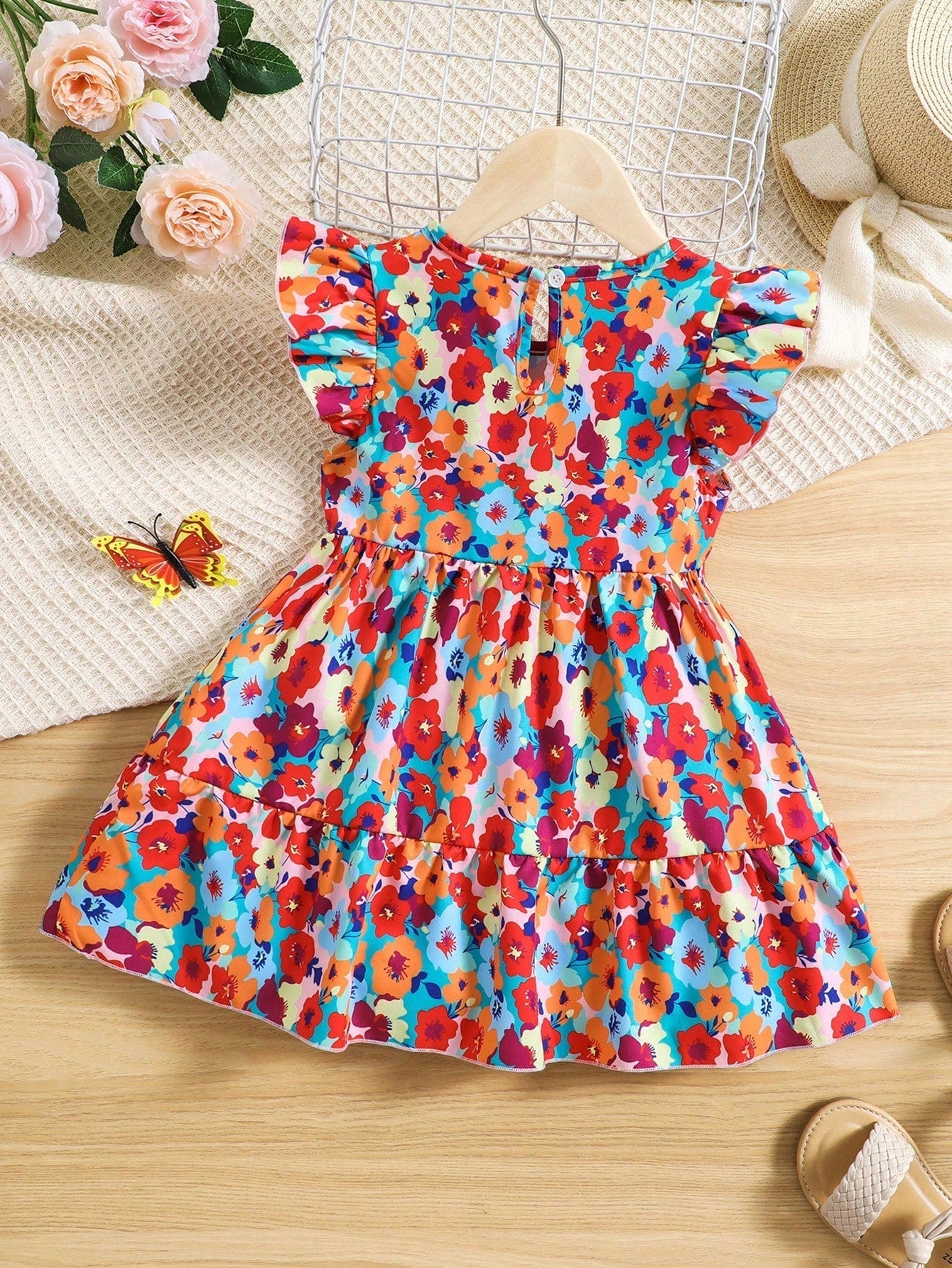 SHEIN Kids SUNSHNE Young Girl Flower Printed Vacation Dress with Ruffle Hem and round Neck for Summer