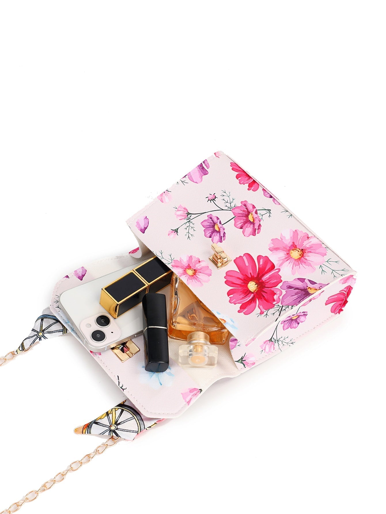 Silk Scarf Accessory Chain Embossed Pu Leather Floral Printed Handbag