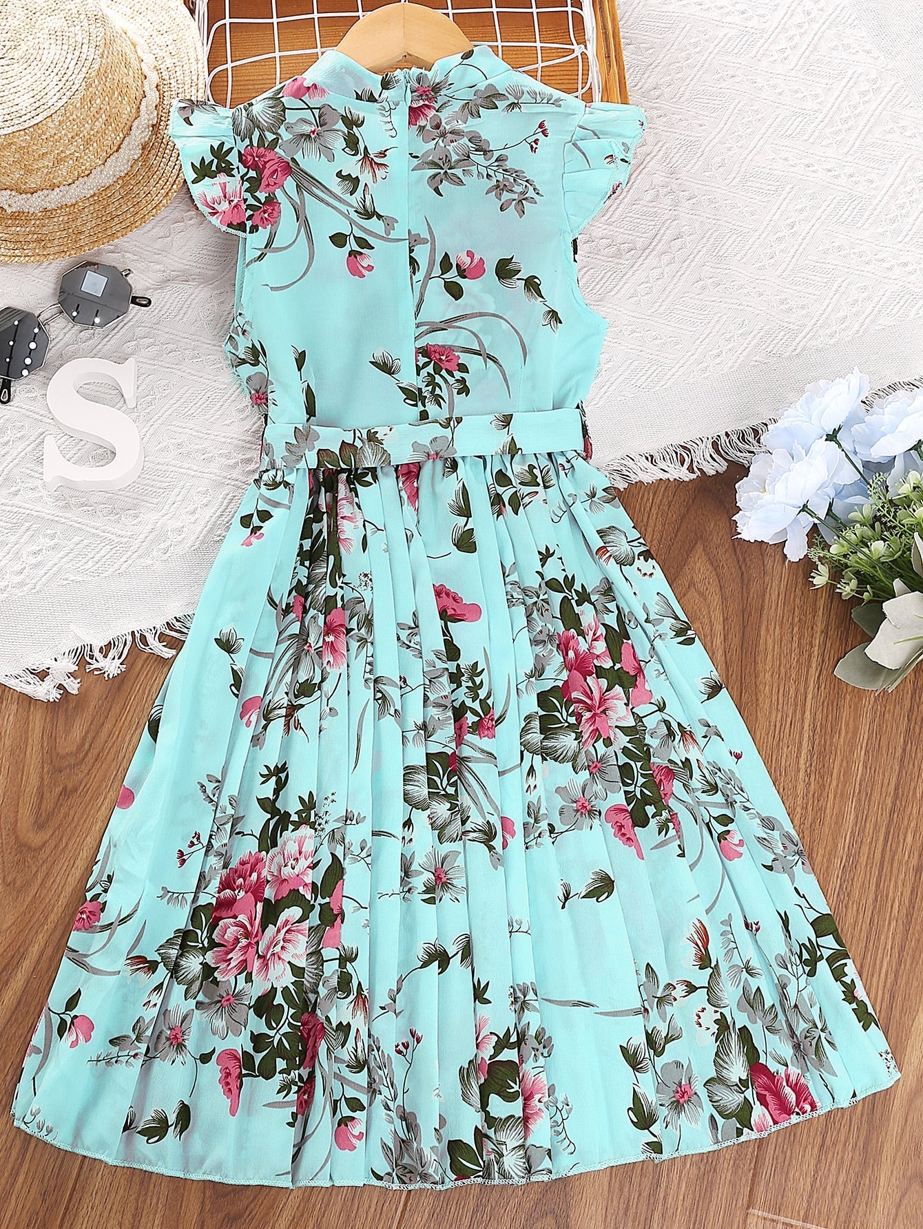 Teen Girls Floral Print Butterfly Sleeve Pleated Hem Belted Dress