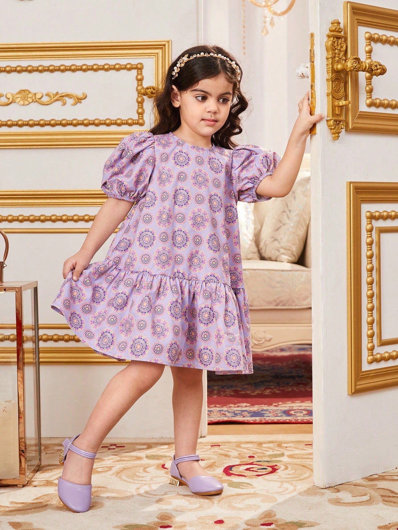 SHEIN Young Girl'S Loose Fit Glamorous Exclusive round Neck Puff Sleeve Midi Dress