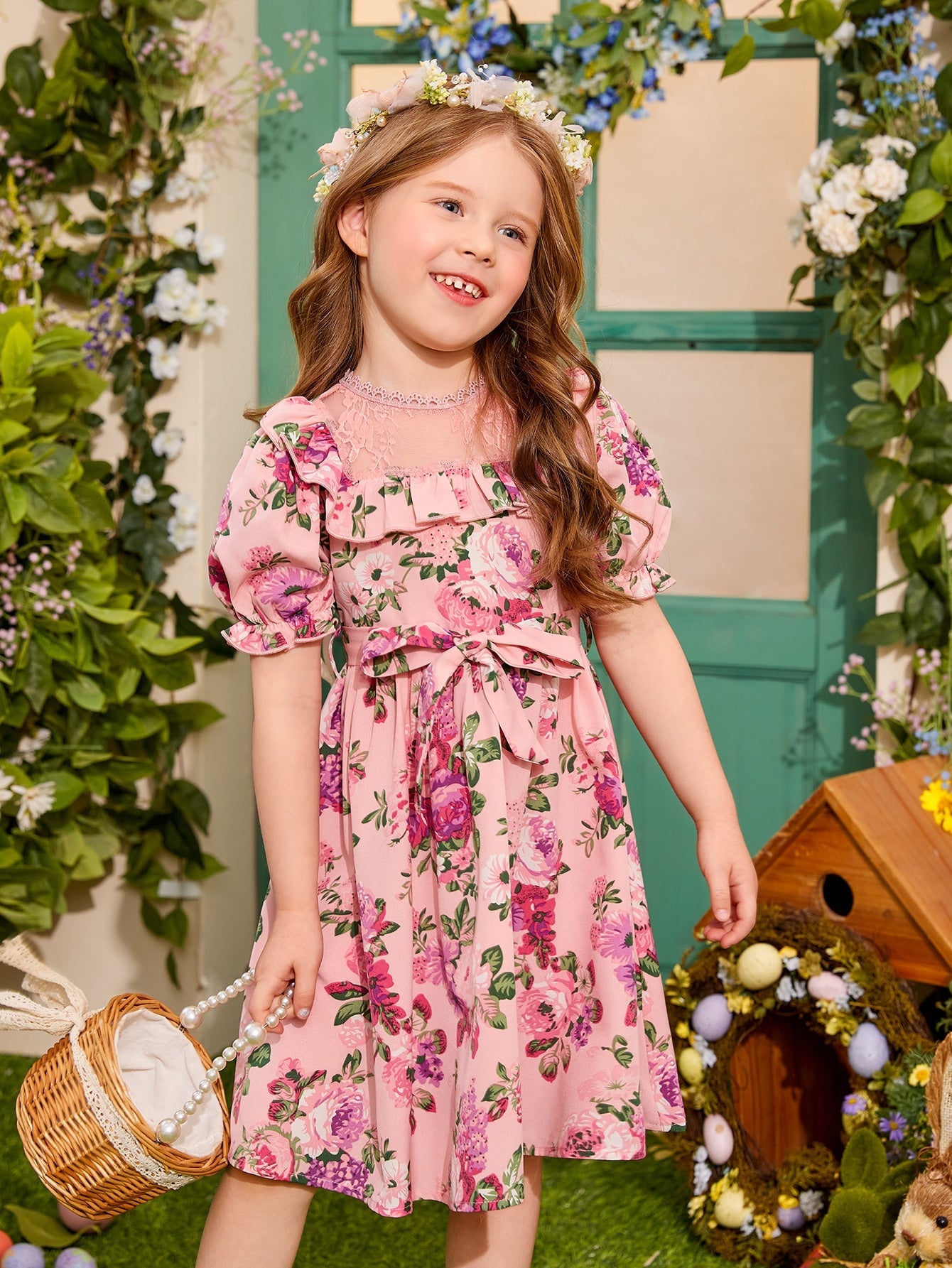 SHEIN Kids CHARMNG Young Girl Floral Print Lace Yoke Ruffle Trim Puff Sleeve Belted Dress