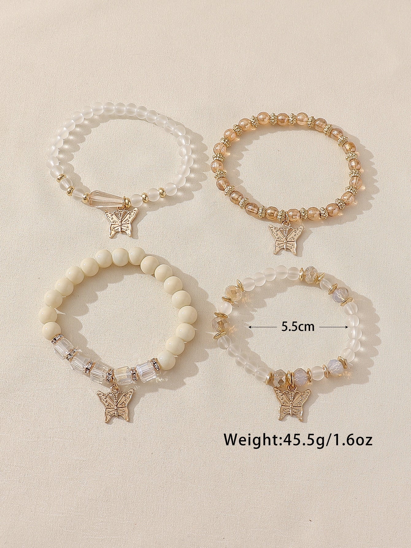4Pcs/Set Bohemian Crystal Glass Butterfly Pendant Bracelet for Women, Sweet and Cute Style