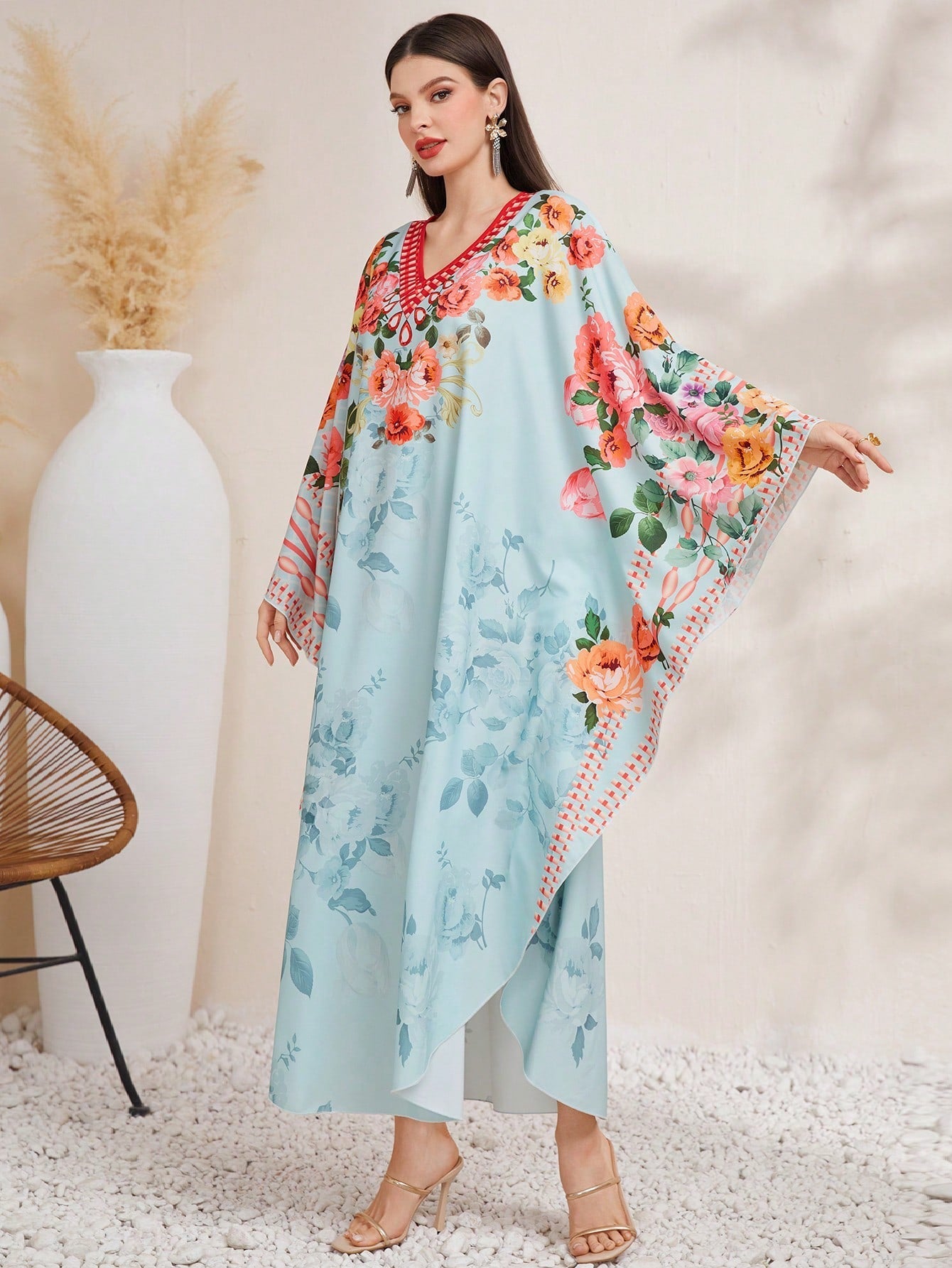 SHEIN Najma Women'S Flower Print Batwing Sleeve Maxi Robe
